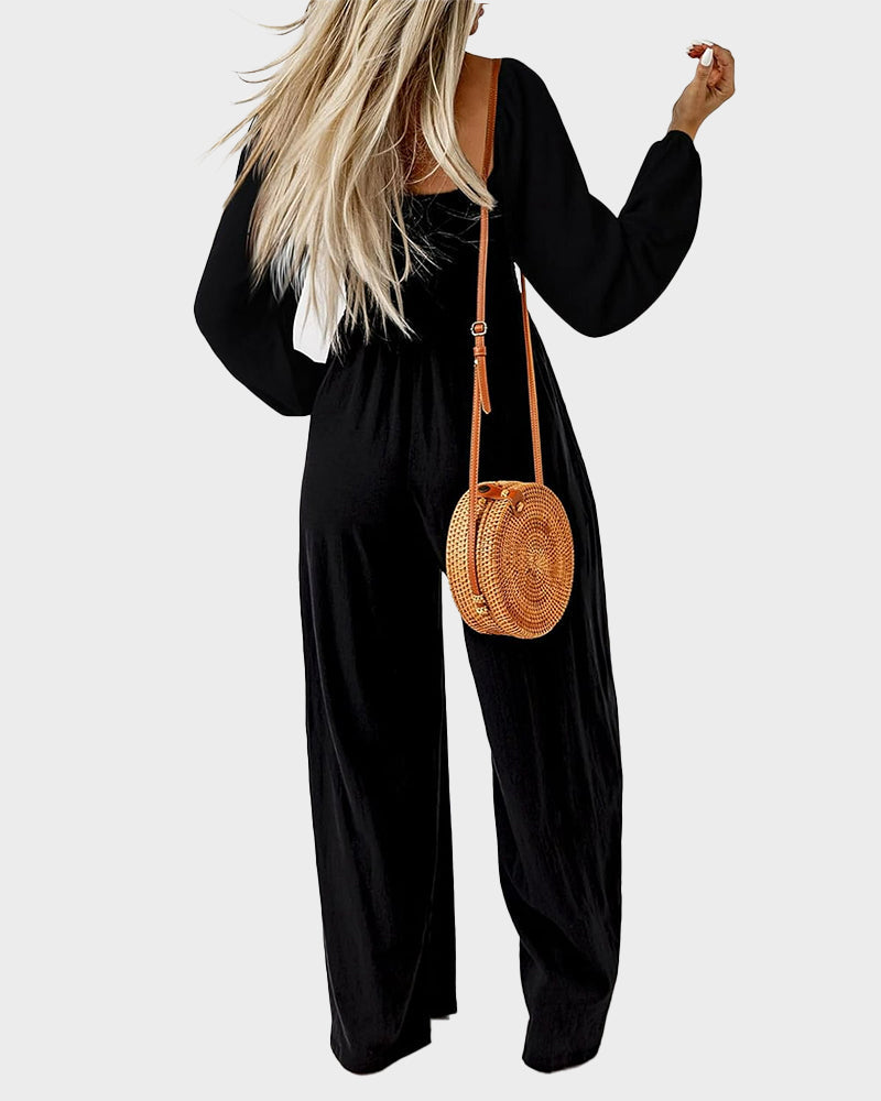 Versatile Square Neck Wide-Leg Jumpsuit with Smocked Waist and Pockets