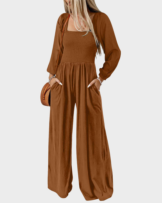 Versatile Square Neck Wide-Leg Jumpsuit with Smocked Waist and Pockets
