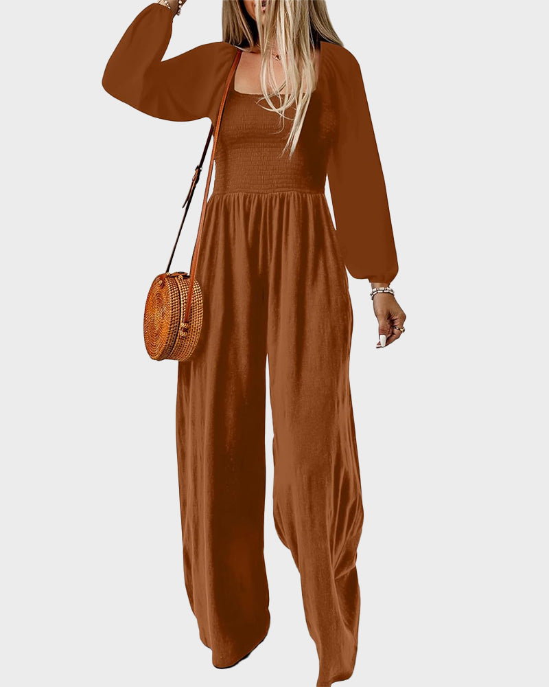 Versatile Square Neck Wide-Leg Jumpsuit with Smocked Waist and Pockets