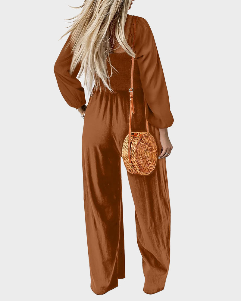 Versatile Square Neck Wide-Leg Jumpsuit with Smocked Waist and Pockets