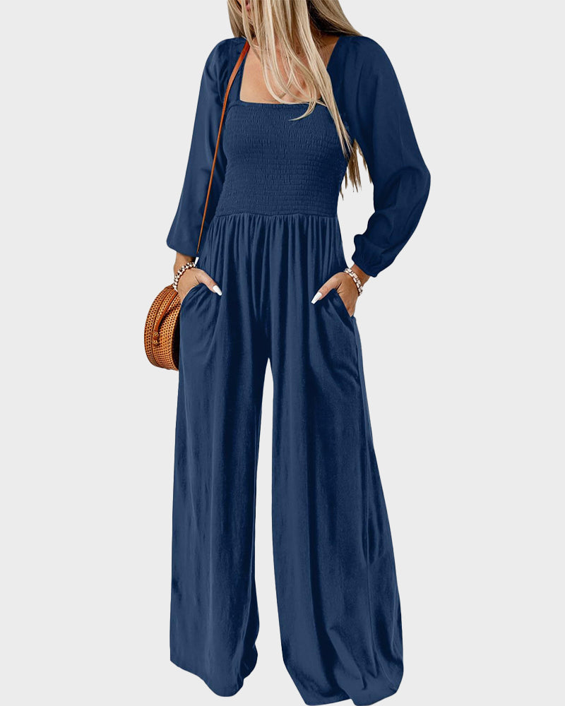Versatile Square Neck Wide-Leg Jumpsuit with Smocked Waist and Pockets