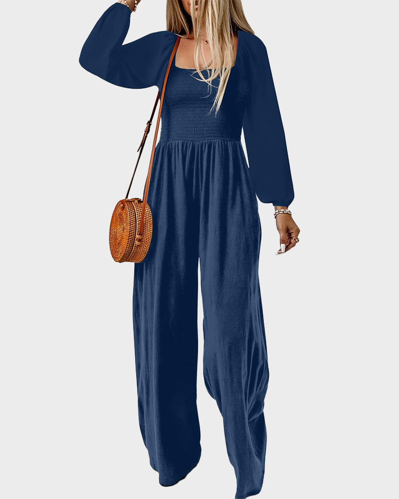 Versatile Square Neck Wide-Leg Jumpsuit with Smocked Waist and Pockets