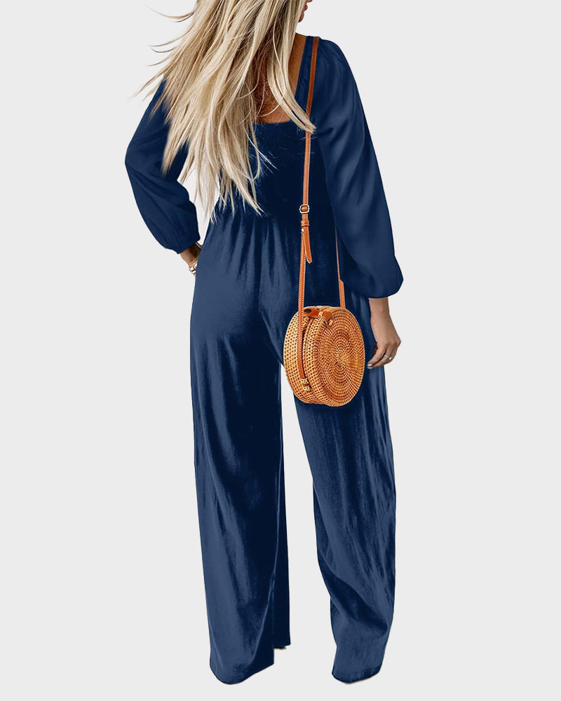 Versatile Square Neck Wide-Leg Jumpsuit with Smocked Waist and Pockets