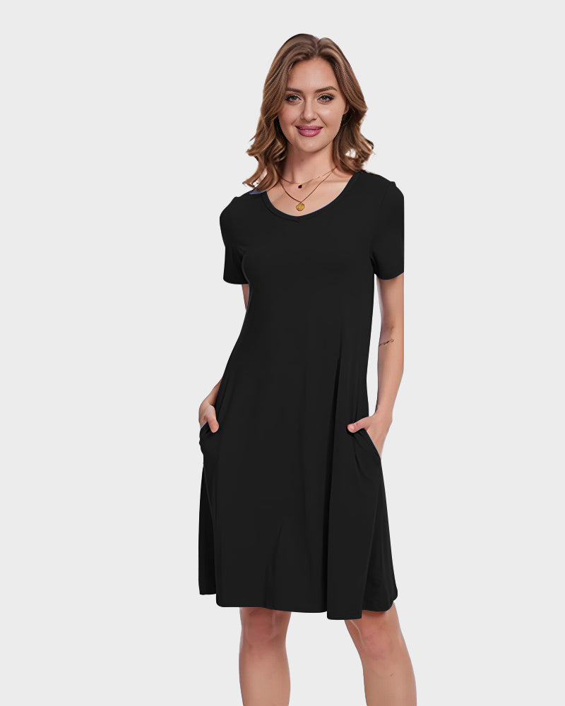 Ultra-Soft V-Neck T-Shirt Dress with Pockets - Casual Flowy Swing Design