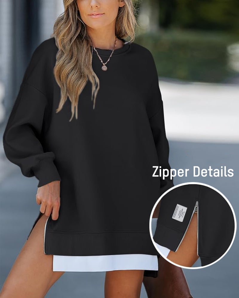 Stylish Oversized Long Sleeve Sweatshirt with Trendy Side Zipper Slit