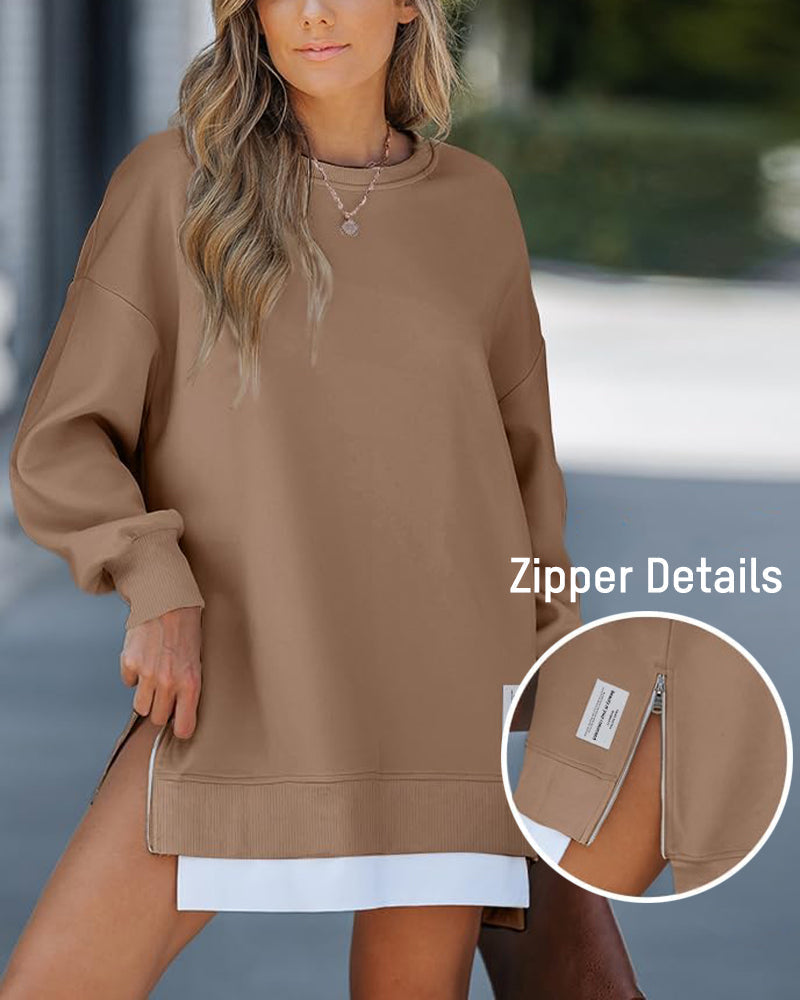 Stylish Oversized Long Sleeve Sweatshirt with Trendy Side Zipper Slit