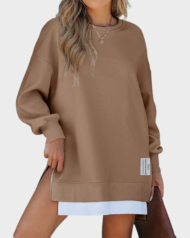 Stylish Oversized Long Sleeve Sweatshirt with Trendy Side Zipper Slit