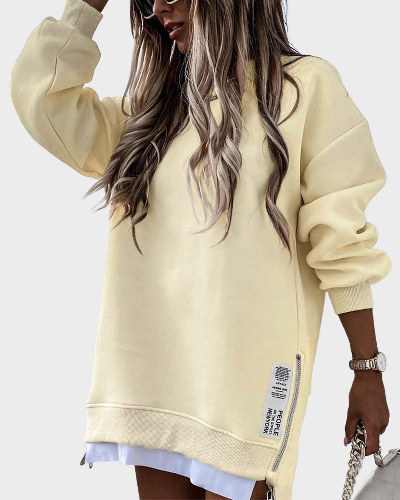 Stylish Oversized Long Sleeve Sweatshirt with Trendy Side Zipper Slit