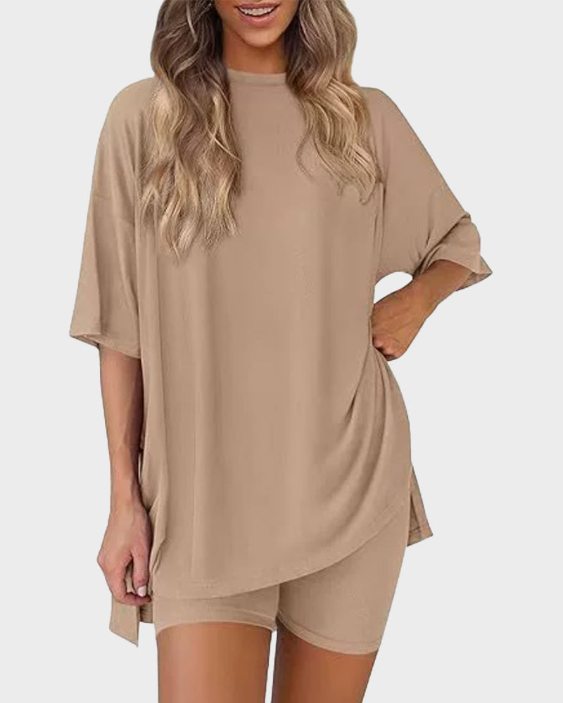 Cozy Oversized Crewneck 2-Piece Lounge Set with Split Hem Comfort
