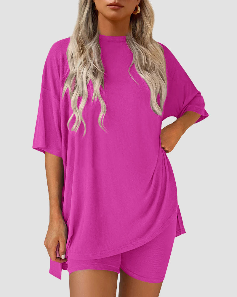 Cozy Oversized Crewneck 2-Piece Lounge Set with Split Hem Comfort