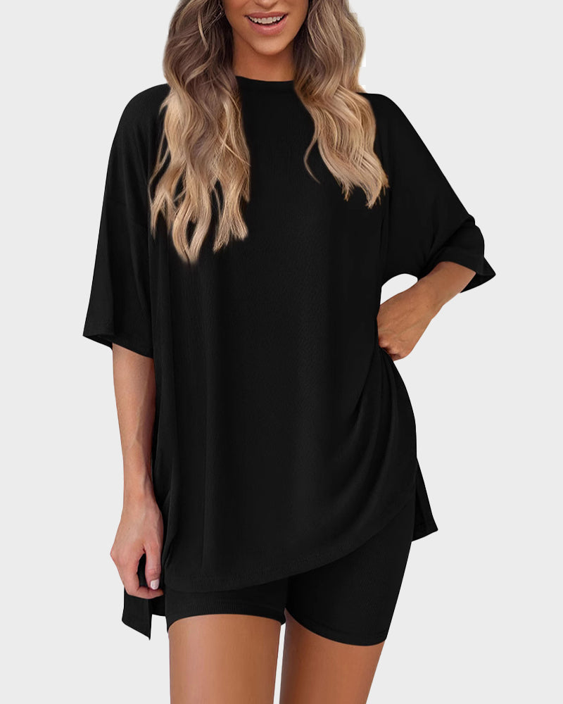 Cozy Oversized Crewneck 2-Piece Lounge Set with Split Hem Comfort