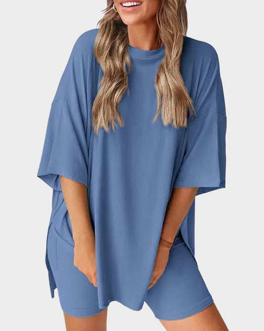 Cozy Oversized Crewneck 2-Piece Lounge Set with Split Hem Comfort