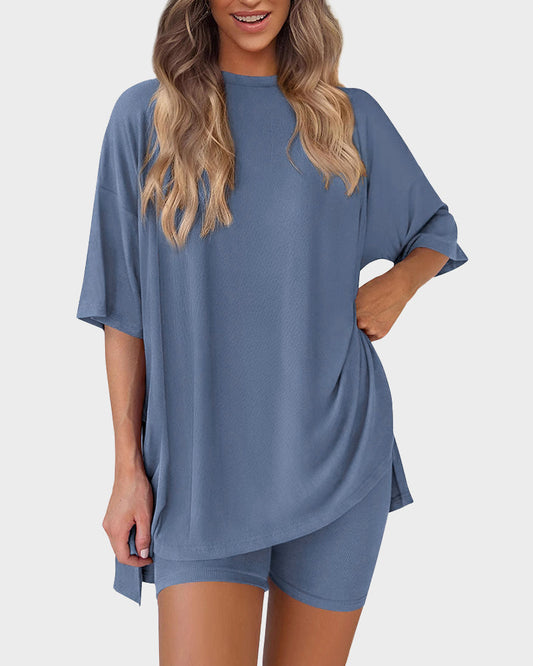 Cozy Oversized Crewneck 2-Piece Lounge Set with Split Hem Comfort