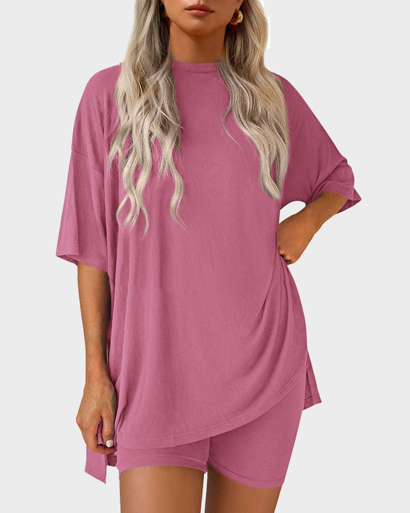 Cozy Oversized Crewneck 2-Piece Lounge Set with Split Hem Comfort