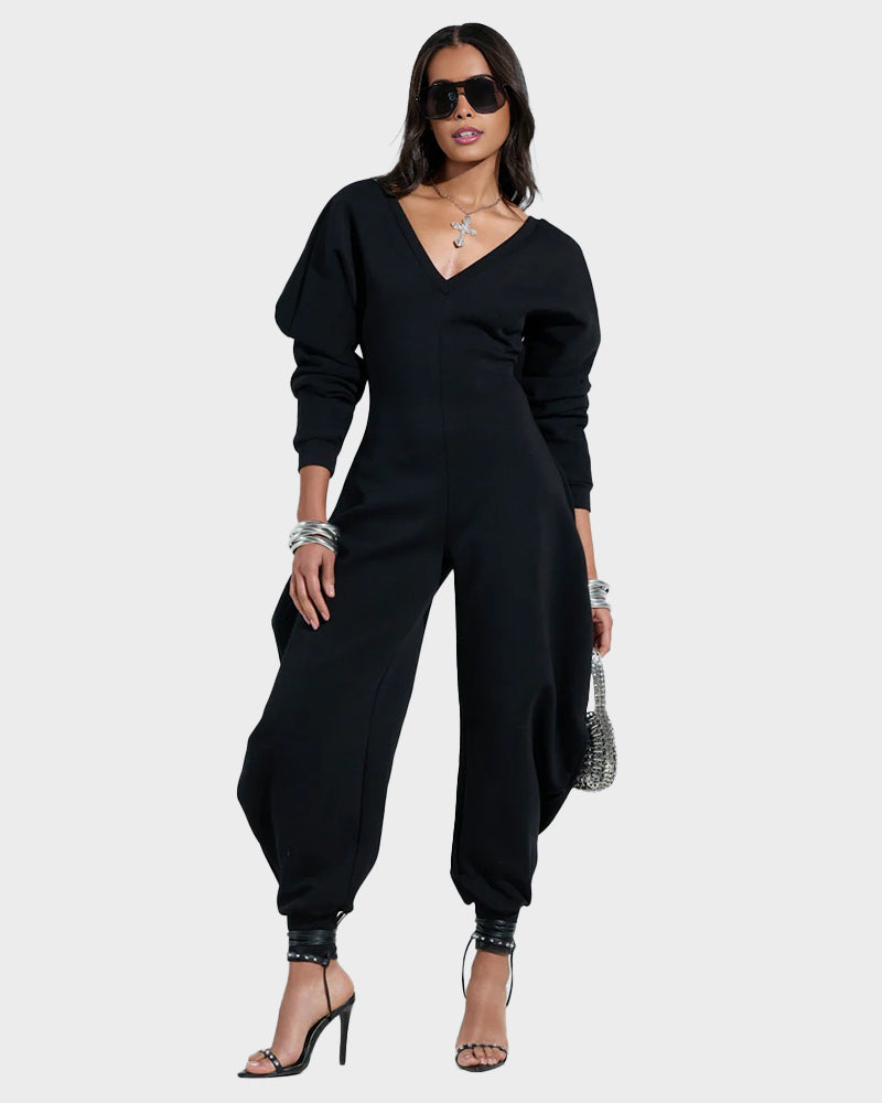 Cozy Deep V-Neck Sweatshirt Jumpsuit Women's Relaxed Wide Leg Loungewear