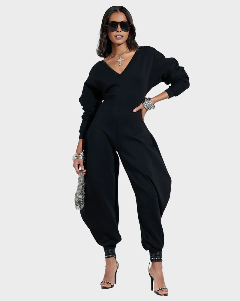 Cozy Deep V-Neck Sweatshirt Jumpsuit Women's Relaxed Wide Leg Loungewear