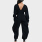 Cozy Deep V-Neck Sweatshirt Jumpsuit Women's Relaxed Wide Leg Loungewear