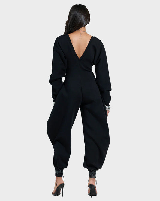 Cozy Deep V-Neck Sweatshirt Jumpsuit Women's Relaxed Wide Leg Loungewear