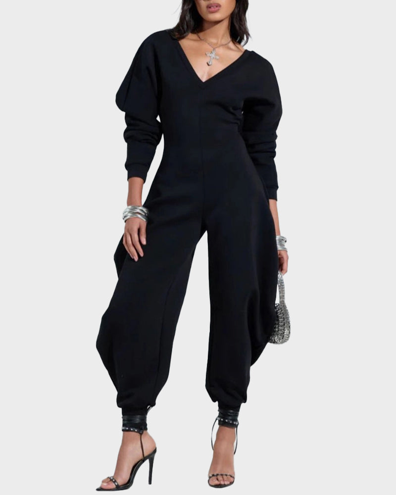 Cozy Deep V-Neck Sweatshirt Jumpsuit Women's Relaxed Wide Leg Loungewear