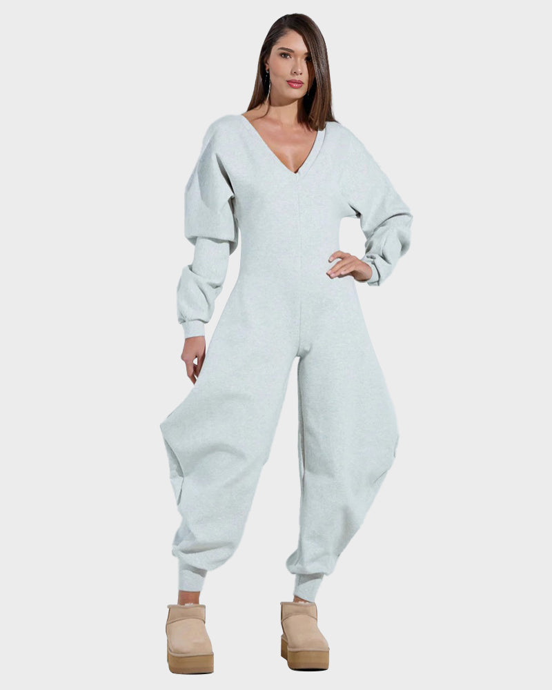 Cozy Deep V-Neck Sweatshirt Jumpsuit Women's Relaxed Wide Leg Loungewear