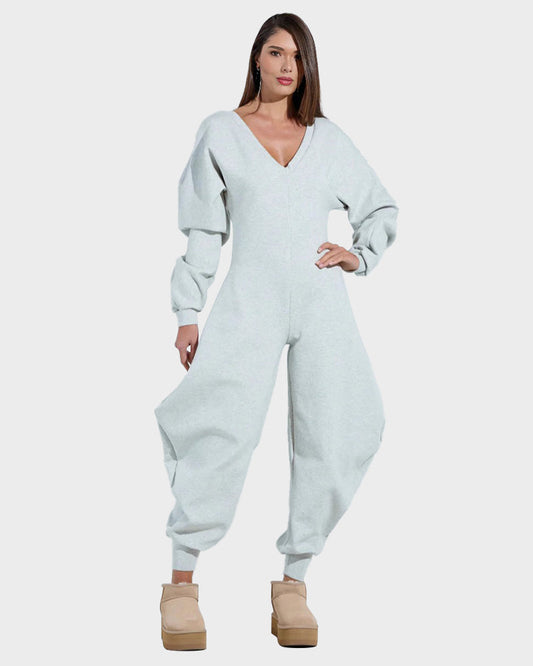 Cozy Deep V-Neck Sweatshirt Jumpsuit Women's Relaxed Wide Leg Loungewear
