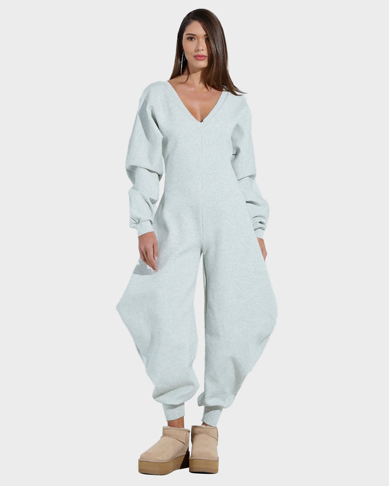 Cozy Deep V-Neck Sweatshirt Jumpsuit Women's Relaxed Wide Leg Loungewear