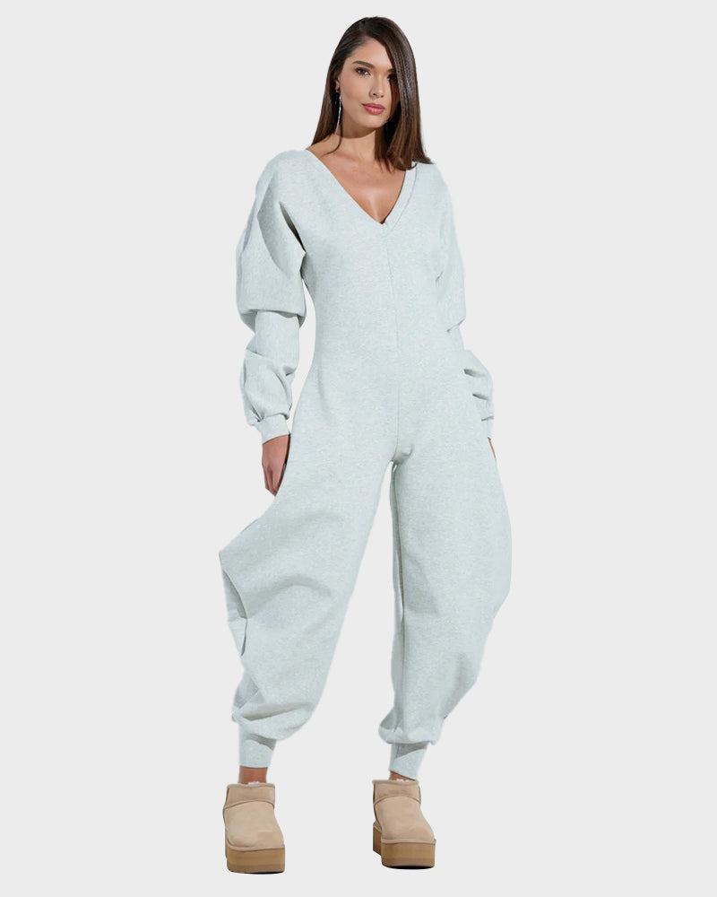 Cozy Deep V-Neck Sweatshirt Jumpsuit Women's Relaxed Wide Leg Loungewear