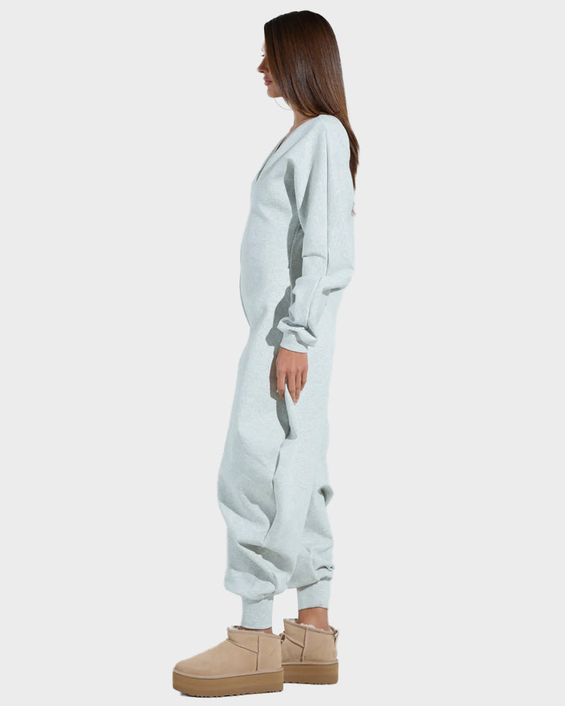 Cozy Deep V-Neck Sweatshirt Jumpsuit Women's Relaxed Wide Leg Loungewear
