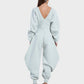 Cozy Deep V-Neck Sweatshirt Jumpsuit Women's Relaxed Wide Leg Loungewear