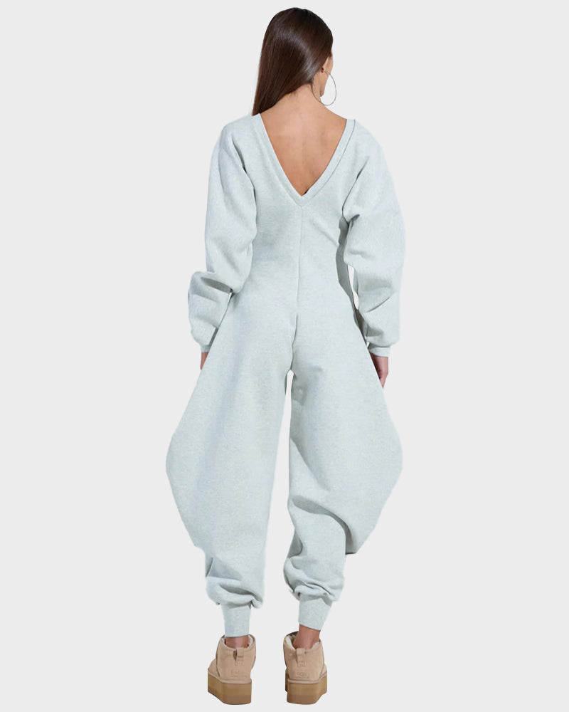 Cozy Deep V-Neck Sweatshirt Jumpsuit Women's Relaxed Wide Leg Loungewear