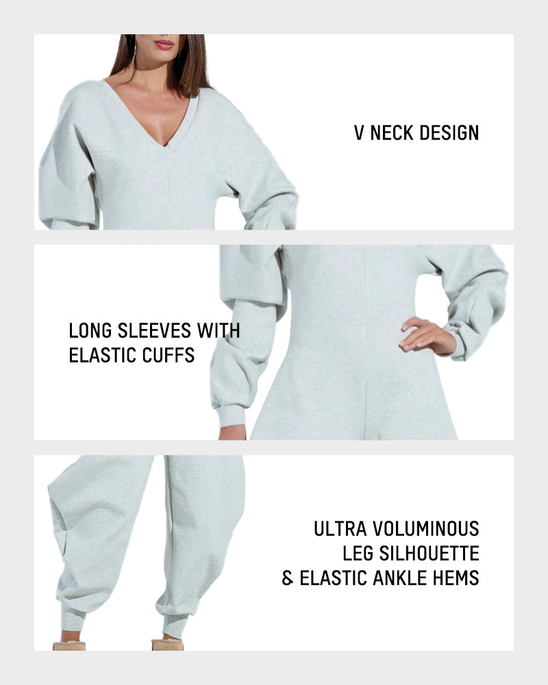 Cozy Deep V-Neck Sweatshirt Jumpsuit Women's Relaxed Wide Leg Loungewear