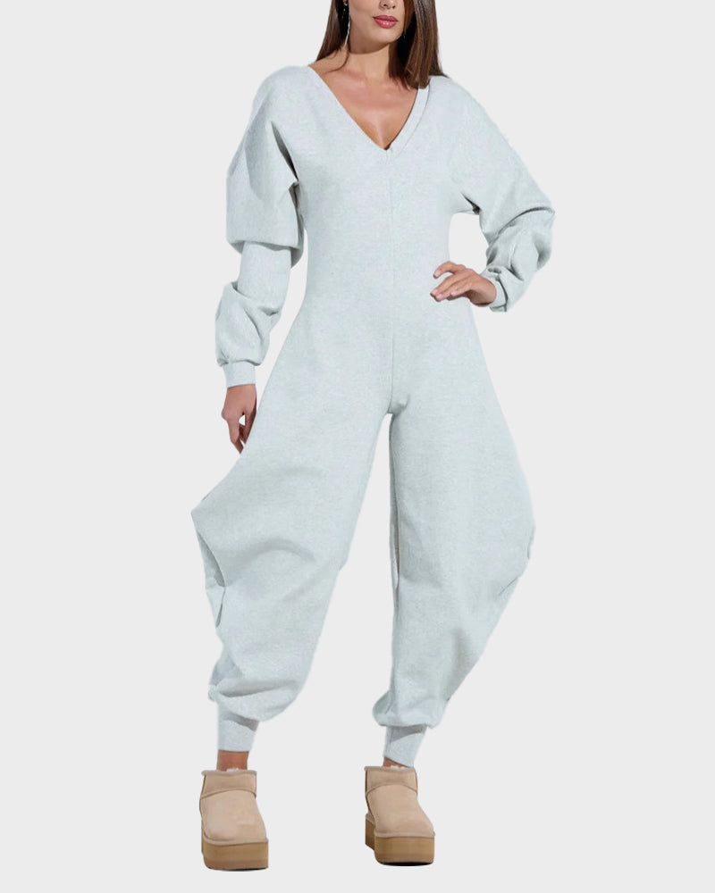 Cozy Deep V-Neck Sweatshirt Jumpsuit Women's Relaxed Wide Leg Loungewear