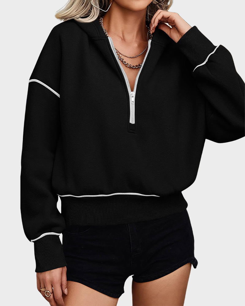 Stylish Women's Cropped Half-Zip Hoodie: Cozy Sweatshirt with Contrast Stitching