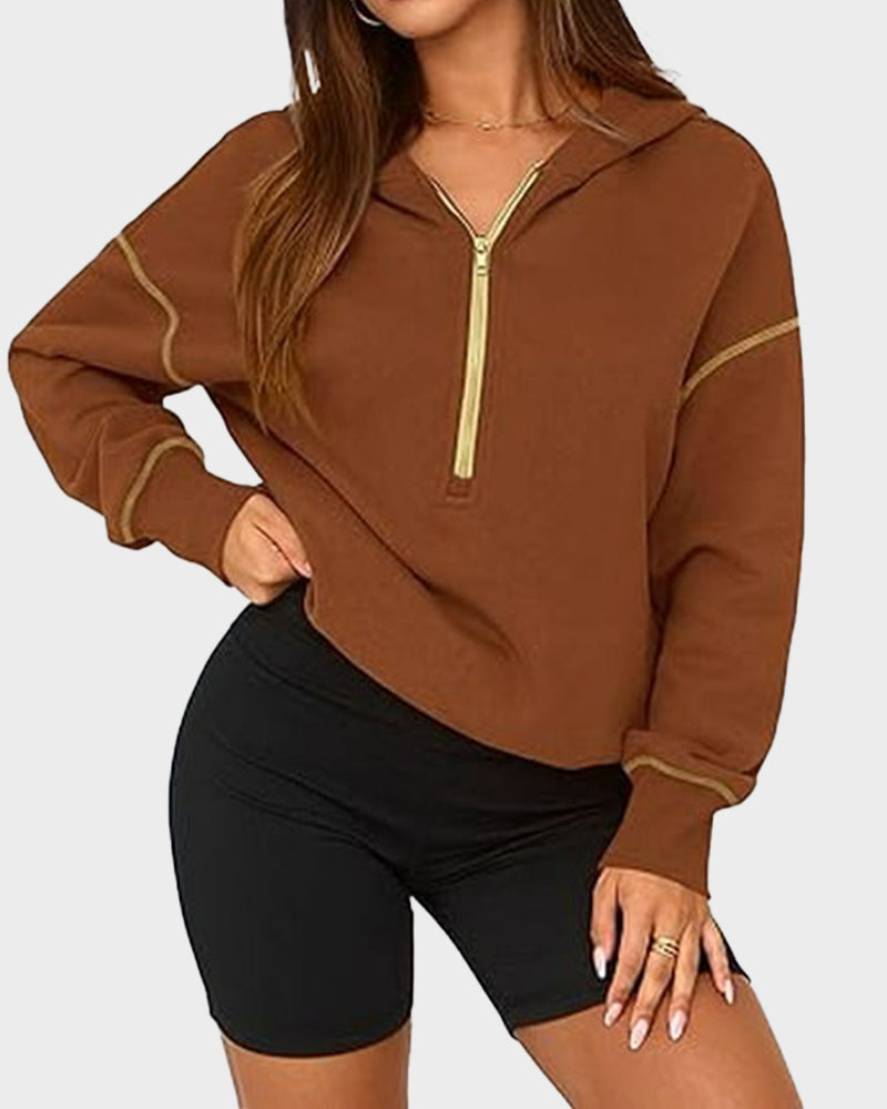 Stylish Women's Cropped Half-Zip Hoodie: Cozy Sweatshirt with Contrast Stitching