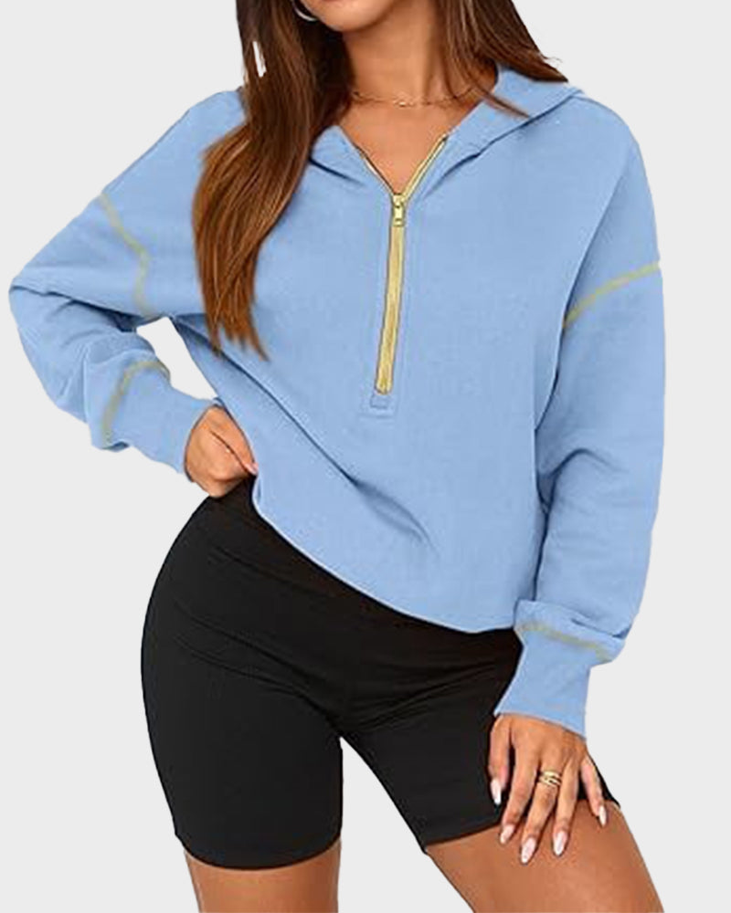 Stylish Women's Cropped Half-Zip Hoodie: Cozy Sweatshirt with Contrast Stitching