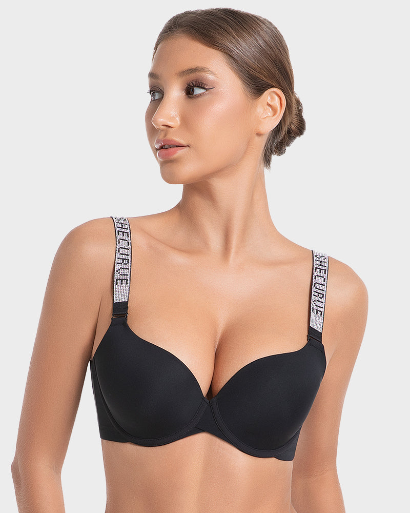 Sparkling Rhinestone Strap Deep V Push-Up Underwire Bra for Enhanced Lift
