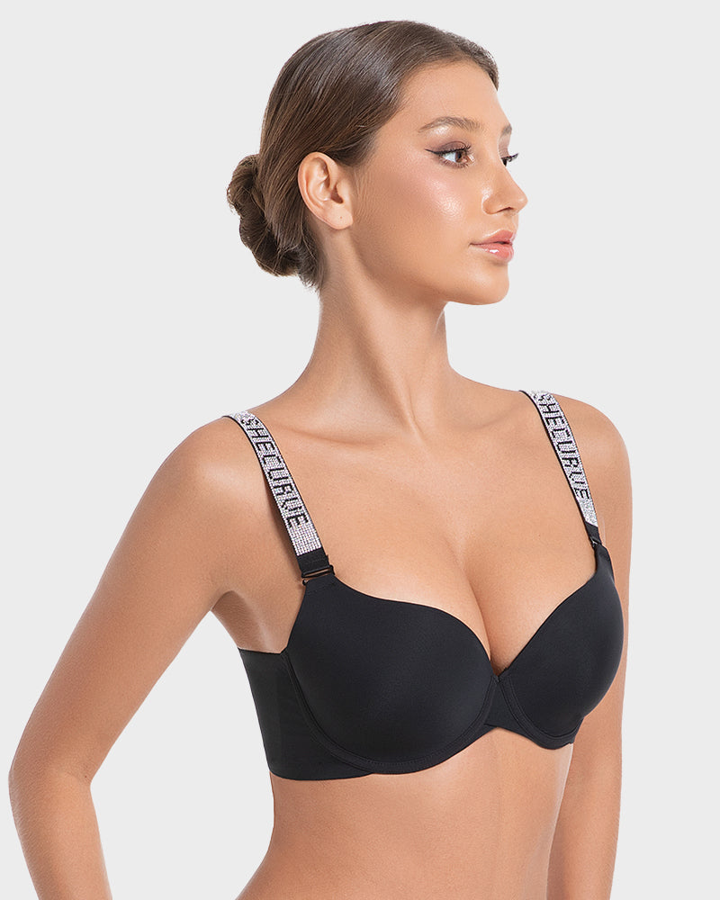 Sparkling Rhinestone Strap Deep V Push-Up Underwire Bra for Enhanced Lift