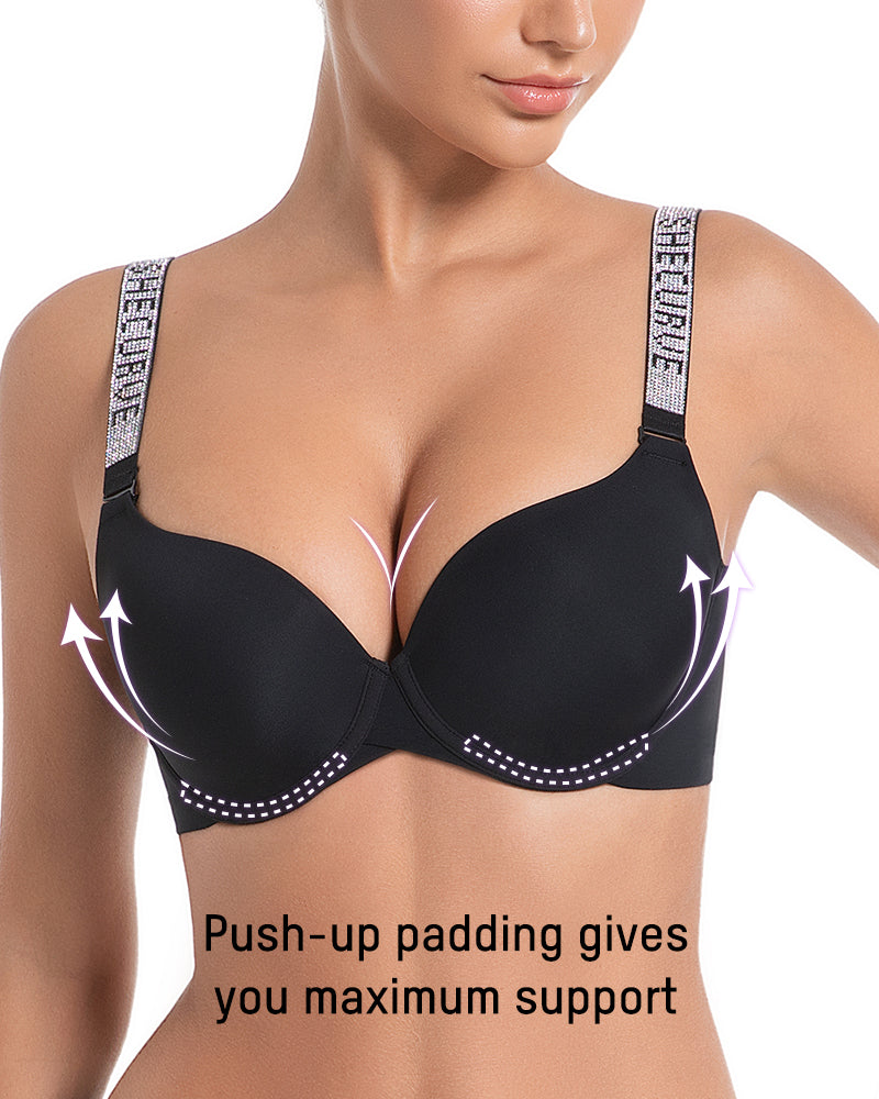 Sparkling Rhinestone Strap Deep V Push-Up Underwire Bra for Enhanced Lift