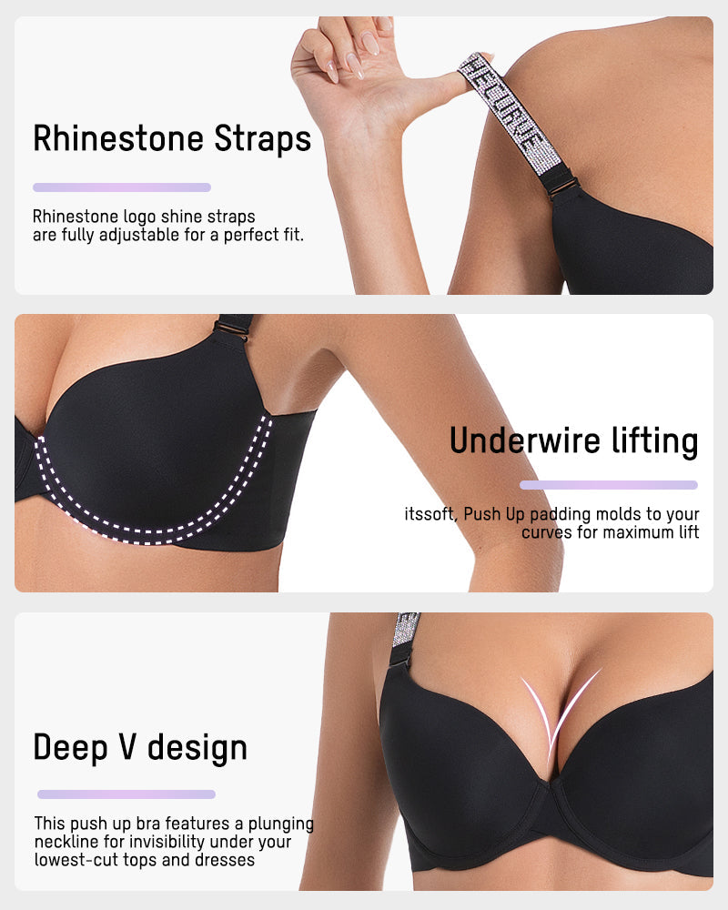 Sparkling Rhinestone Strap Deep V Push-Up Underwire Bra for Enhanced Lift