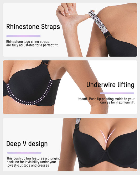 Sparkling Rhinestone Strap Deep V Push-Up Underwire Bra for Enhanced Lift