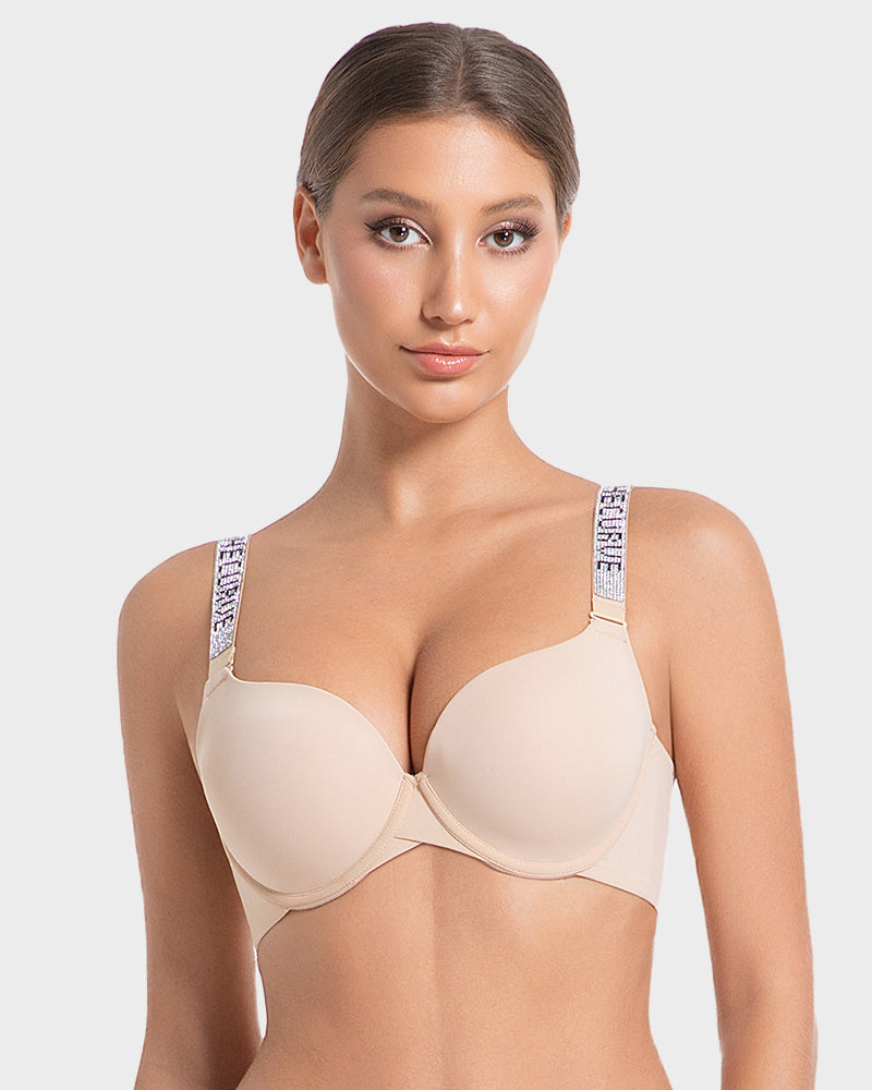 Sparkling Rhinestone Strap Deep V Push-Up Underwire Bra for Enhanced Lift