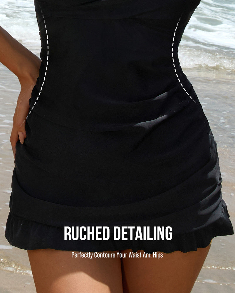 Women's Deep V Cross-Back Ruched Tummy Control One-Piece Swimsuit Flattering
