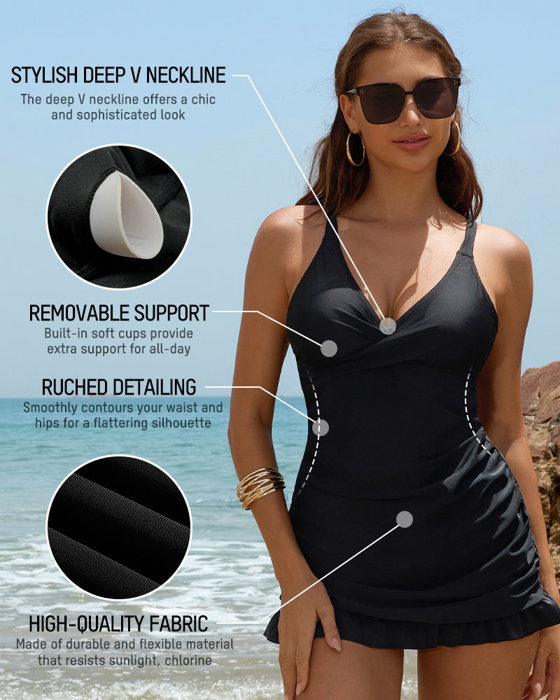 Women's Deep V Cross-Back Ruched Tummy Control One-Piece Swimsuit Flattering