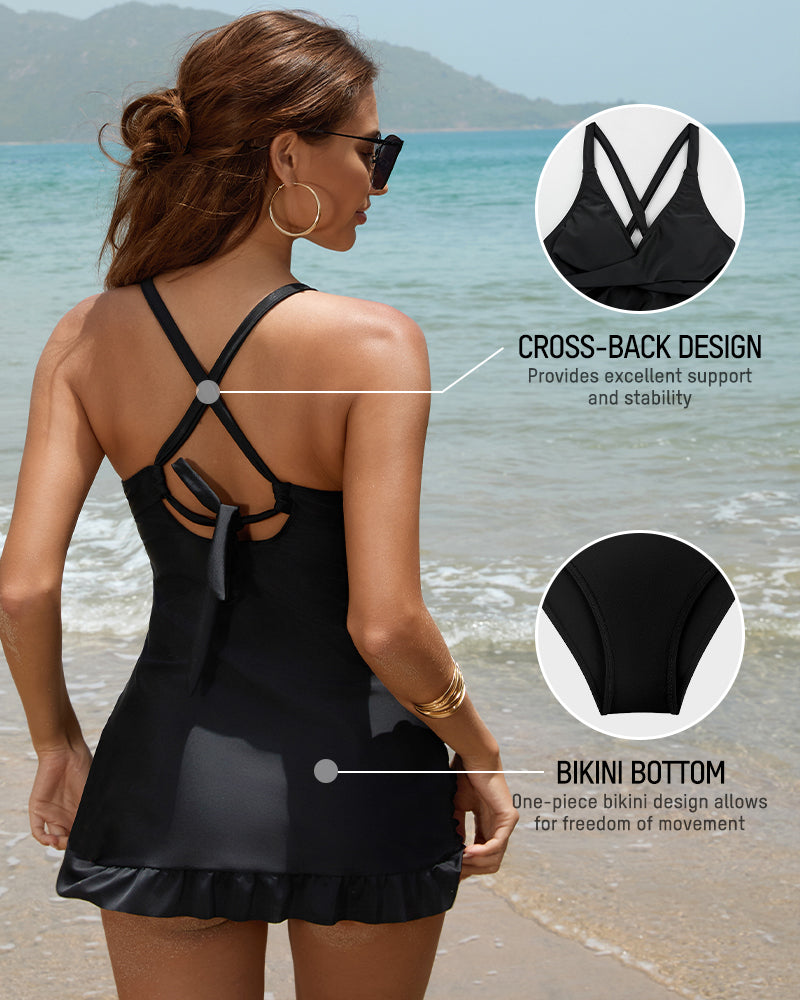 Women's Deep V Cross-Back Ruched Tummy Control One-Piece Swimsuit Flattering