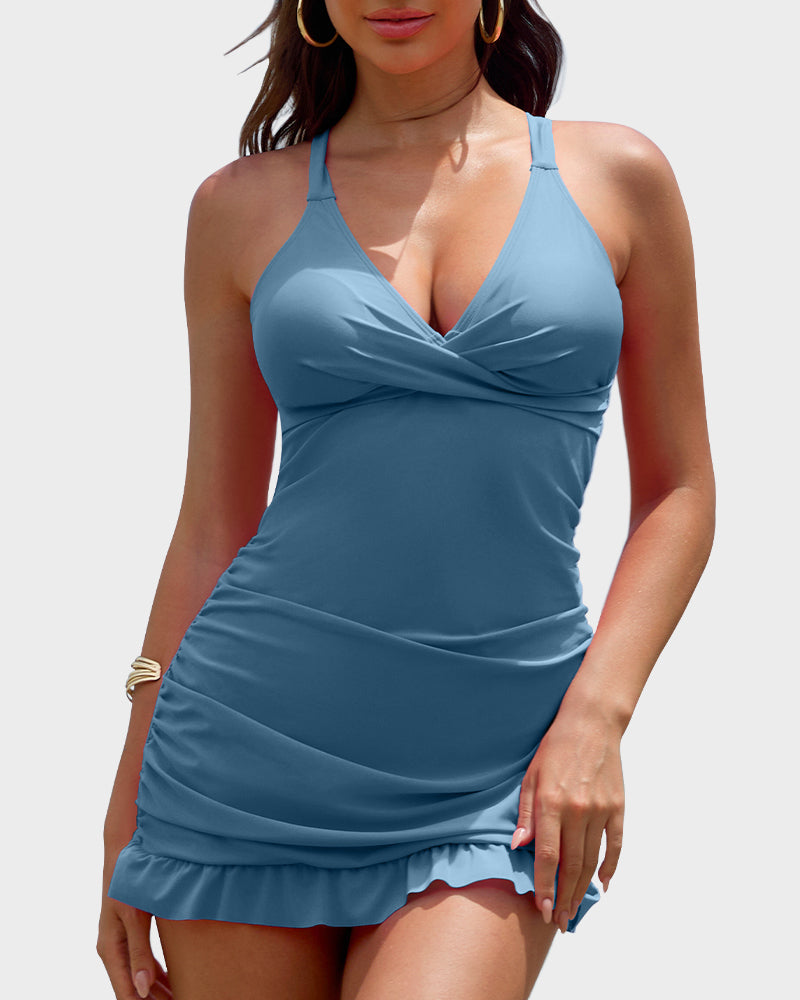 Women's Deep V Cross-Back Ruched Tummy Control One-Piece Swimsuit Flattering