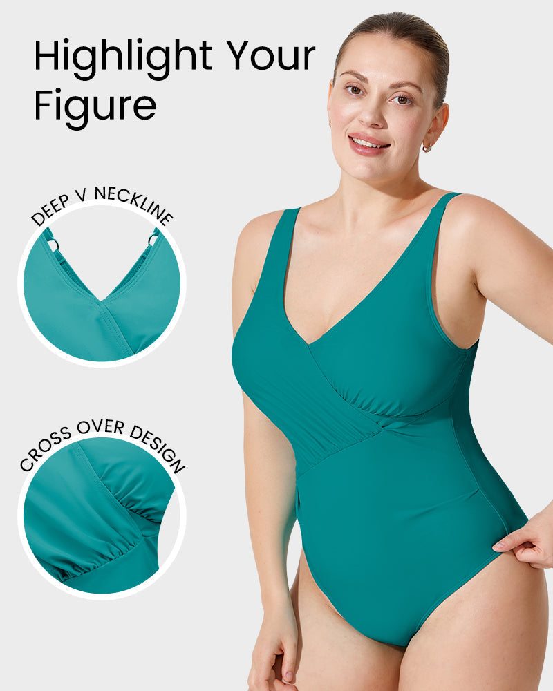 Deep V Crossover Ruched One-Piece Swimsuit | Tummy Control, Flattering Design