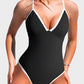 Sleek Deep V Ribbed Cross Back One-Piece Swimsuit for Women