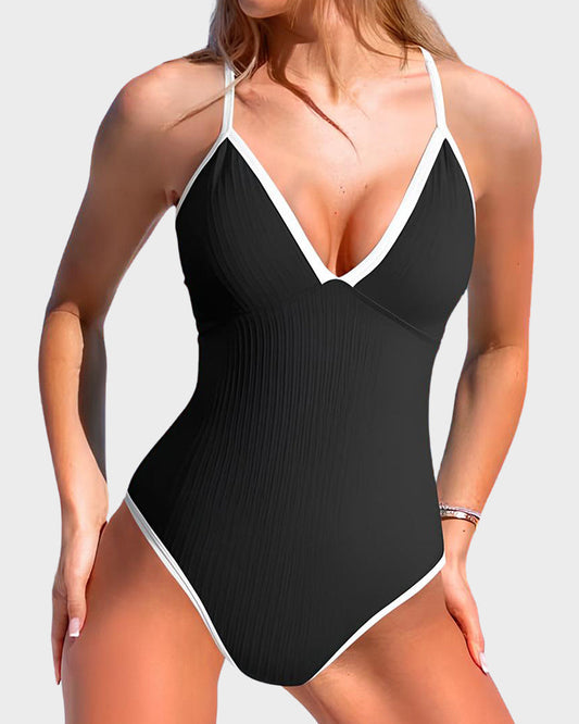Sleek Deep V Ribbed Cross Back One-Piece Swimsuit for Women