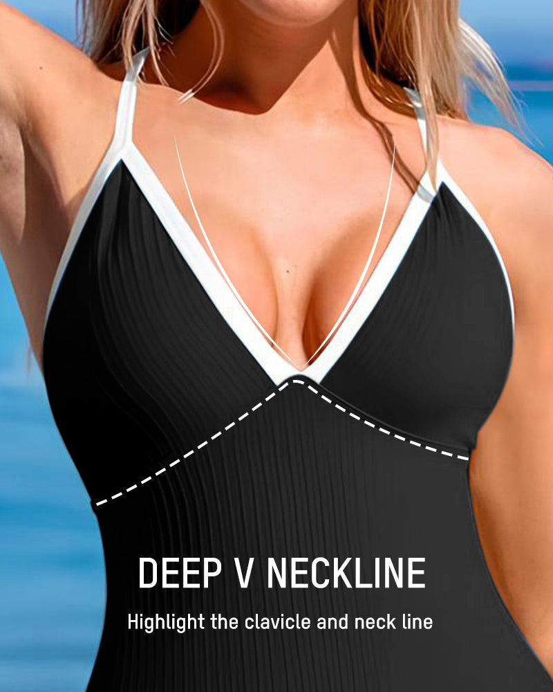 Sleek Deep V Ribbed Cross Back One-Piece Swimsuit for Women