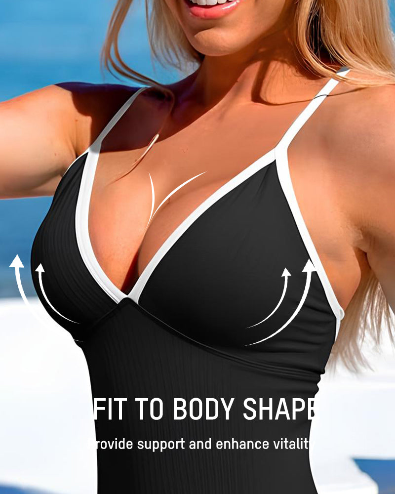 Sleek Deep V Ribbed Cross Back One-Piece Swimsuit for Women